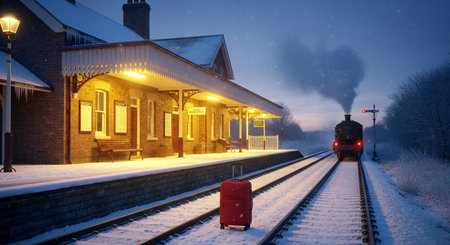 A red suitcase sits on a snow-covered platform as a vintage steam train, emitting smoke, approaches a warmly lit station.の素材