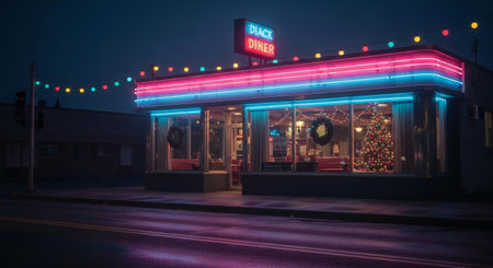 A vintage diner glows with vibrant neon lights and festive string lights, reflecting on a wet street at night.の素材