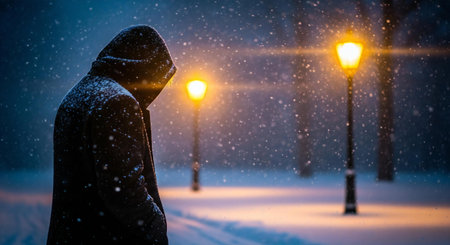A lone figure in a dark hooded coat walks down a snow-covered path illuminated by warm streetlights on a winter night.の素材