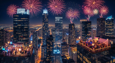 A vibrant fireworks display explodes over a dense city skyline at night, with illuminated skyscrapers and bustling streets below.の素材