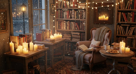 A warm and inviting library scene filled with books, illuminated by numerous candles and fairy lights, featuring a plush armchair.の素材