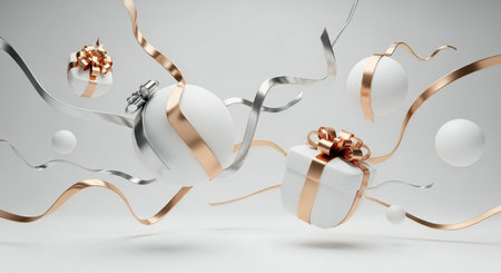 Several white gift boxes with gold ribbon accents are suspended in mid-air, surrounded by flowing ribbons and light reflections.の素材
