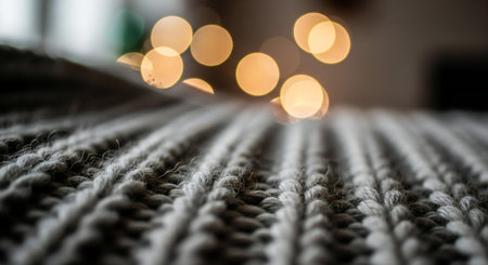 A close-up, low-angle shot of a thick, textured knitted blanket with warm, out-of-focus lights creating a soft bokeh effect above.の素材
