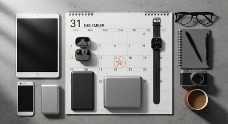 A flat lay arrangement of modern gadgets, a planner, and personal items on a textured surface, suggesting organization and productivity.の素材