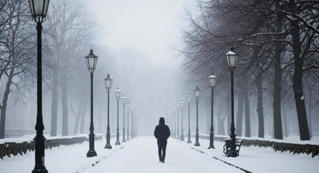 A solitary person walks away from the camera down a snowy path. Vintage lampposts line both sides of the path, creating a symmetrical and atmospheric scene.の素材
