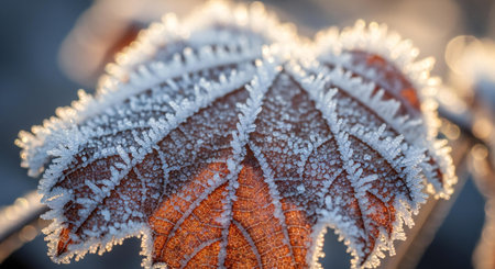 A close-up of a leaf covered in delicate frost crystals, illuminated by the warm glow of sunlight.の素材