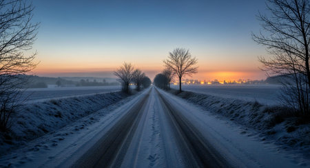 A straight, frost-covered road stretches into the distance under a soft sunrise sky, flanked by bare trees and a hint of distant lights.の素材