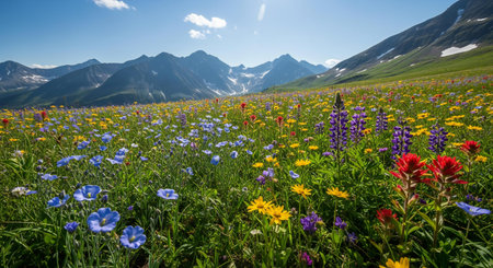 A breathtaking vista of a mountain landscape adorned with a colorful carpet of wildflowers, under a bright blue sky with scattered clouds.の素材