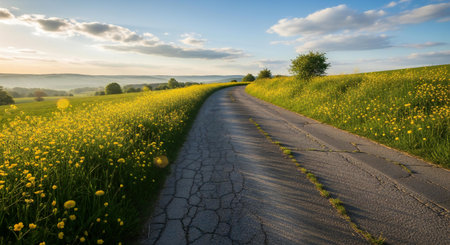 A dusty, cracked dirt road curves through a blooming field of yellow flowers, leading towards rolling hills and a hazy horizon under a bright, partly cloudy sky.の素材