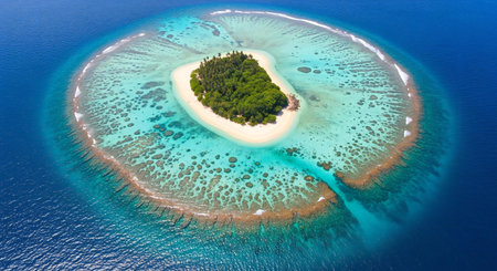 An isolated, verdant island with palm trees sits within a circular coral reef. The shallow, clear turquoise water reveals the reef's intricate patterns from above.の素材