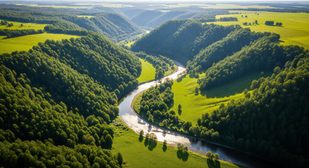An aerial view showcases a serpentine river flowing through a verdant valley. Steep, tree-covered slopes rise on either side, meeting sunlit, open fields.の素材