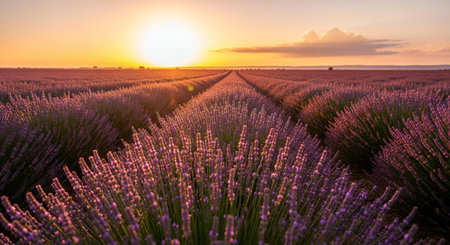 A breathtaking view of a vast lavender field at sunset, with rows stretching to the horizon. The warm golden light creates a magical atmosphere.の素材
