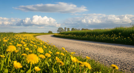 A charming dirt road curves through a vibrant field of yellow dandelions. Lush green foliage lines the path under a bright blue sky dotted with white clouds.の素材