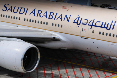 Riyadh/Saudi Arabia - March 01 Planes preparing for take off at Riyadh King Khalid Airport on March 01, 2018 in Riyadh, Saudi Arabia. Riyadh airport is home port for Saudi Arabian Airlines.のeditorial素材