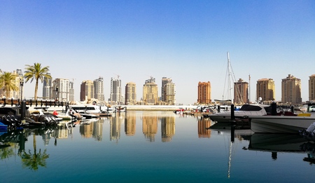 01 July 2019; Pearl Qatar, Porto Arabia, Pearl-Qatar island in Doha.Panorama of luxury residential...