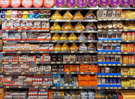 Doha,Qatar- 11 December 2019: Confectionary and chocolate items for sale in a retail shop in the arab country qatarのeditorial素材