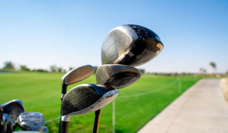 Background image of multiple golf sticks on the behind of a golf cart.