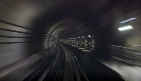 Underground one way metro subway tunnel with blur effect. defocus
