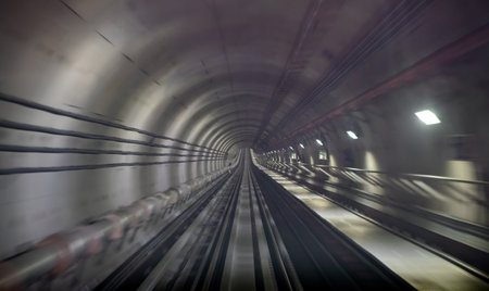 Underground one way metro subway tunnel with blur effect. defocusの写真素材