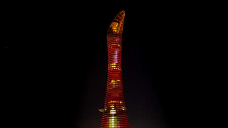 Doha, Qatar- December 20 ,2021 : The torch tower in aspire zone in Doha , shot during night