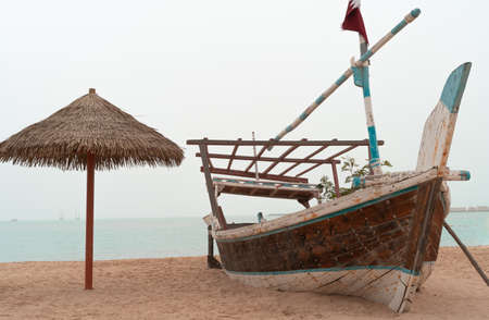 Wakrah, Qatar- January 21,2022 : Family beach in the Wakrah souq (Traditional Market) along with...