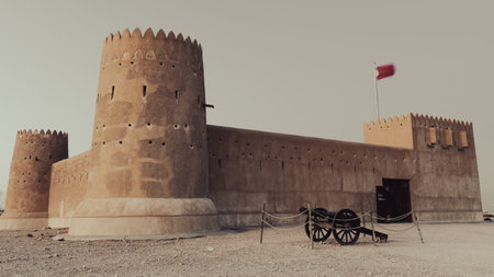 AL ZUBARA,QATAR - MARCH 11, 2021: historic Fort Zubarah (Al Zubara) in North East of the deserts of Qatar on the edge of the Persian gulf.のeditorial素材