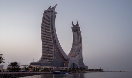 Lusail, Qatar- June 06, 2022: The crescent tower in the newly developing city lusail in Qatar.のeditorial素材