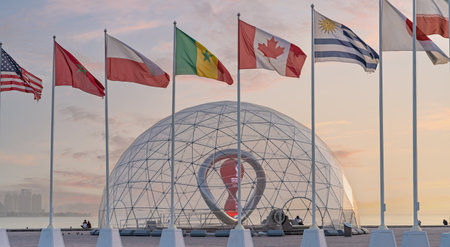 Doha, Qatar- July 03, 2022 : FIFA World Cup Qatar 2022 Official Countdown Clock at the cornicheのeditorial素材