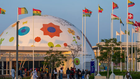 Doha, Qatar- December 12, 2023 : multiple people visiting qatar expo pavilions