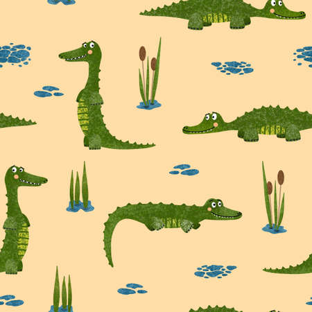 Crocodile seamless pattern. Textured hand drawn illustration with cute wild animals, water and plants on light background. Great for childrenâs clothes wallpaper, wrapping and decoration.の写真素材