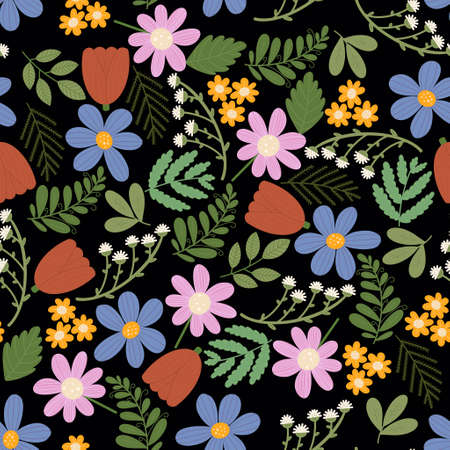 Cute seamless pattern with Isolated colorful flowers on black background. Wild blooms and green...