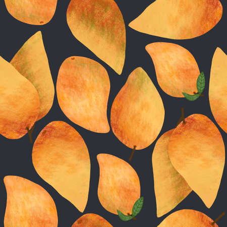 Seamless pattern with Isolated mango fruits on the black background. Fresh tropical textured  fruits. Exotic botanical illustration for print, wallpaper, textile and packaging.の写真素材