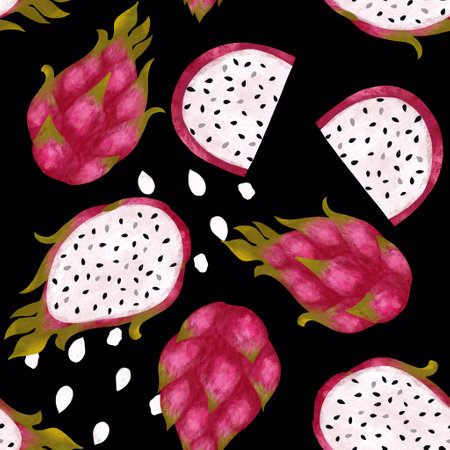 Seamless pattern with Isolated dragon fruits. Cute textured illustration of tropical fruits, half cut fruits, seeds and leaves on the black background.の写真素材