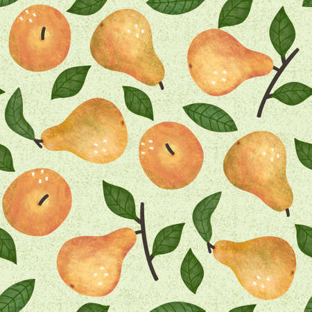 Pear seamless pattern on the light green background. Textured illustration of isolated yellow fruits and green leaves with brunches. Cute print  for wrapping and fabric.の写真素材