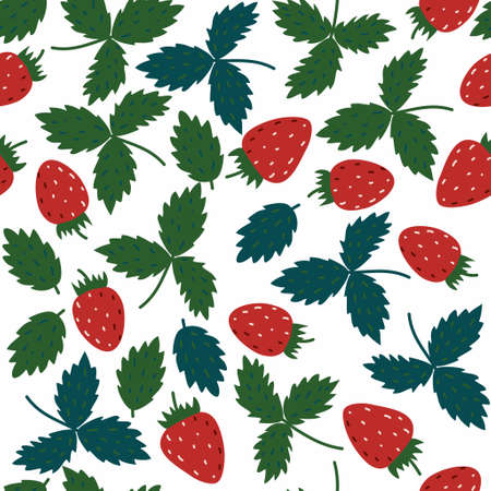 Strawberry seamless pattern with  isolated red strawberry and green leaves. Berry print on the white...