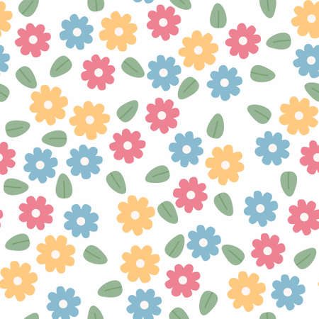 Colorful floral seamless pattern. Cute abstract yellow pink and blue flowers with green leaves on the white background. Simple and cute illustration.の写真素材