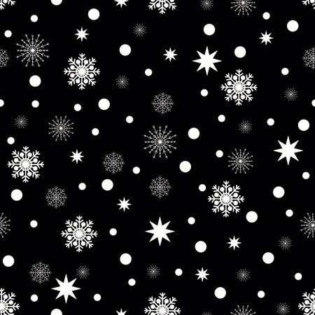 Christmas seamless pattern of complex big and small snowflakes in white colors on dark blue background. Raster trendy snowflakes pattern.の写真素材
