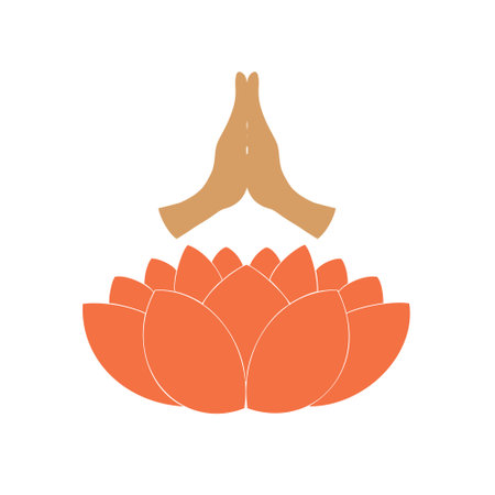 Hands above a Lotus flower. Raster Buddha purnima greeting card illustration on white background.の写真素材