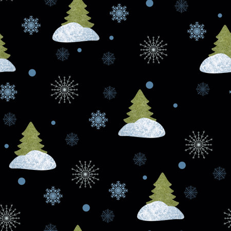 Christmas seamless pattern. Hand drawn textured fir trees, snowflakes and snowdrifts on black background.の写真素材