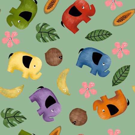 Cute elephant seamless pattern. Colorful hand drawn textured cartoon style elephants, tropical fruits, plants and flowers on green background.の写真素材