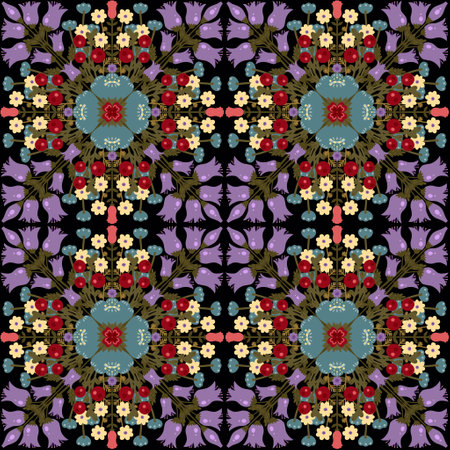 Colorful floral kaleidoscope seamless pattern. Hand drawn stylized textured flowers on black background. Oriental mandala square patternの写真素材
