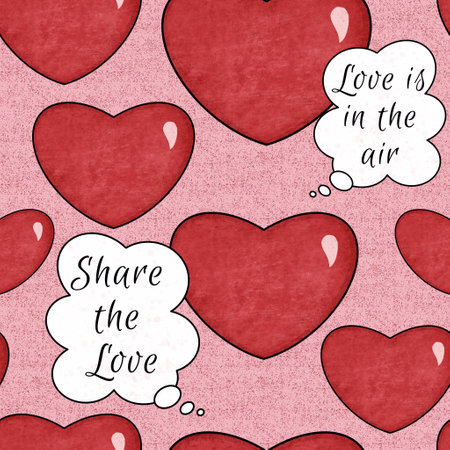 Hand writing Share the Love and Love is in the air text with red hearts on textured pink background....