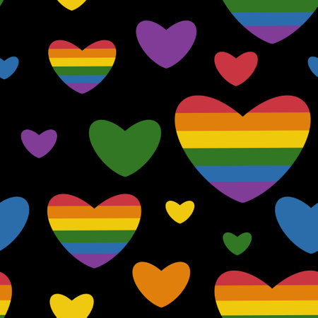 Lgbt community seamless pattern with rainbow hearts on black background. Great for clothing print, wallpaper, poster, web page background, fabric, gift wrap. LGBT symbol patternの写真素材