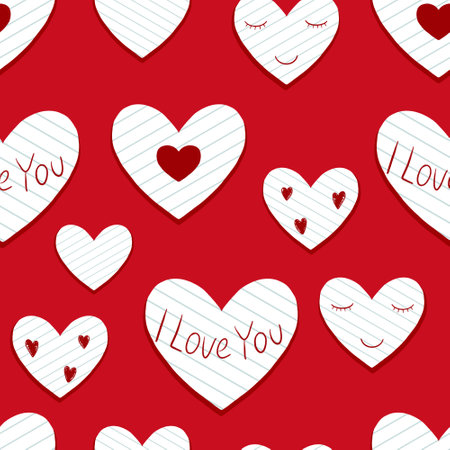 Valentine's Day seamless pattern. Hand drawn note paper cut out hearts, and handwritten words I Love...