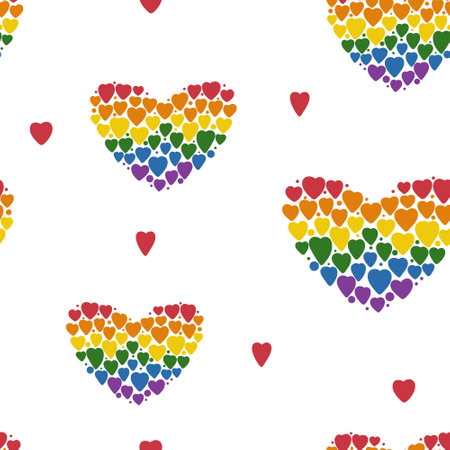 Seamless pattern with rainbow hearts on white background. Raster design for textile, backgrounds, fabric, clothes, wallpaper and wrapping paper. Colorful LGBT flag heartsの写真素材