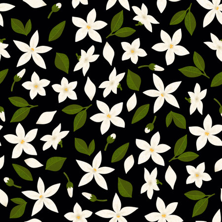 Jasmine flowers seamless pattern. Hand drawn textured white flowers leaves and buds on black backgroundの写真素材