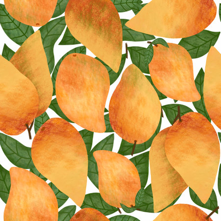 Mango seamless pattern. Hand drawn mango fruit with leaves on white background. Fruit allover printの写真素材