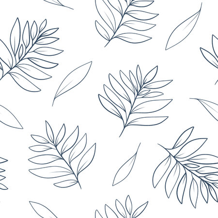 Outline leaves seamless pattern. black and white palm branches allover printの写真素材