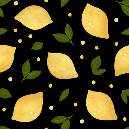 Lemon seamless pattern. Textured hand drawn lemon fruits with leaves and seeds on black backgroundの写真素材