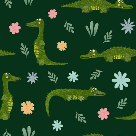 Crocodile seamless pattern. Cartoon style hand drawn cute animals and flowers on dark green backgroundの写真素材
